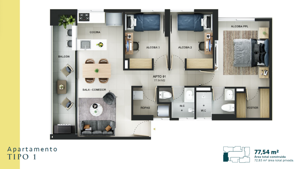 Plano apartamento 77,54 mt2